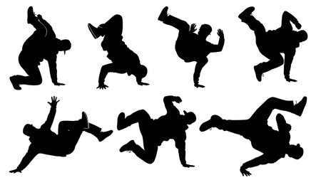 Black Solid Hip Hop Freeze Silhouettes Set of Six on White Background isolated on plain white background.のイラスト素材