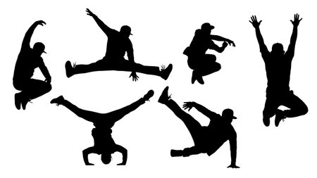 Black Solid High Jump Street Dance Silhouettes Set of Six isolated on plain white background.のイラスト素材