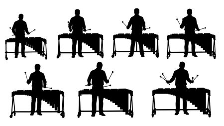 Black Solid Vibraphone Player Silhouettes Set of Six on White Background isolated on plain white background.のイラスト素材