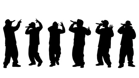 Black Solid Hip Hop Rapper Gestures Silhouettes Set of Six on White Background isolated on plain white background.のイラスト素材