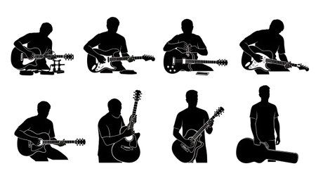 Black Solid Guitar Tech Repair Silhouettes Set of Six on White Background isolated on plain white background.のイラスト素材