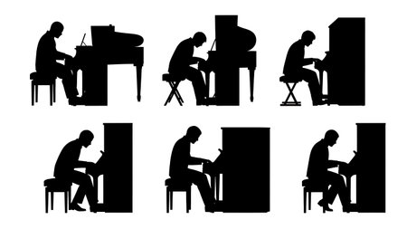 Black Solid Energetic Jazz Pianist Silhouettes Set of Six on White Background isolated on plain white background.のイラスト素材