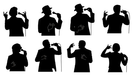 Black Solid Jazz Singer Snapping Silhouettes Set of Six on White Background isolated on plain white background.のイラスト素材