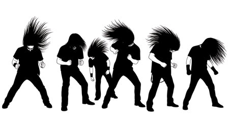 Black Solid Headbanging Silhouettes Set of Six on White Background isolated on plain white background.のイラスト素材
