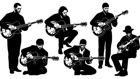 Black Solid Jazz Guitarist Silhouettes Set of Six on White Background isolated on plain white background.のイラスト素材