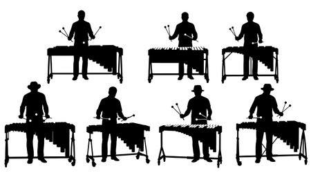 Black Solid Vibraphone Player Silhouettes Set of Six on White Background isolated on plain white background.のイラスト素材