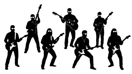 Black Solid Guitarist with Sunglasses Silhouettes Set of Six on White Background isolated on plain white background.のイラスト素材