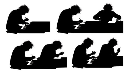 Black Solid Composer Pianist Silhouettes Set of Six on White Background isolated on plain white background.のイラスト素材