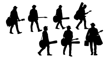 Black Solid Guitarist Walking Case Silhouettes Set of Six on White Background isolated on plain white background.のイラスト素材