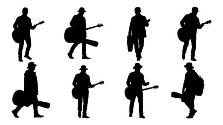 Black Solid Guitarist Walking Case Silhouettes Set of Six on White Background isolated on plain white background.のイラスト素材