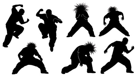 Black Solid Krump Dance Silhouettes Set of Six on White Background isolated on plain white background.のイラスト素材