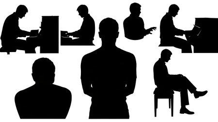 Black Solid Jazz Pianist Silhouettes Set of Six on White Background isolated on plain white background.のイラスト素材