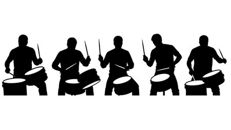 Black Solid Jazz Drummer Brushes Silhouettes Set of Six on White Background isolated on plain white background.のイラスト素材