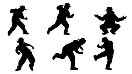 Black Solid Kid Hip Hop Dancer Silhouettes Set of Six isolated on plain white background.のイラスト素材