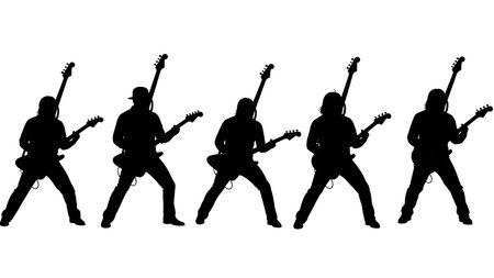 Black Solid Guitarist Playing with Teeth Silhouettes Set of Six on White Background isolated on plain white background.のイラスト素材