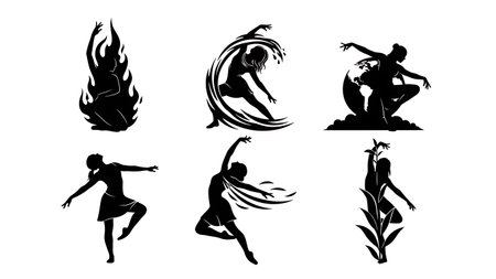 Black Solid Interpretive Dance Silhouettes Set of Six on White Background isolated on plain white background.のイラスト素材
