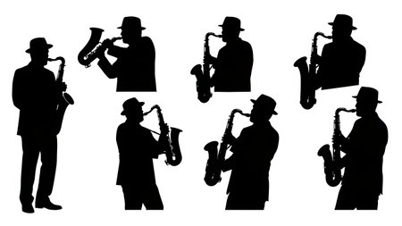 Black Solid Jazz Saxophone Player Silhouettes Set of Six on White Background isolated on plain white background.のイラスト素材