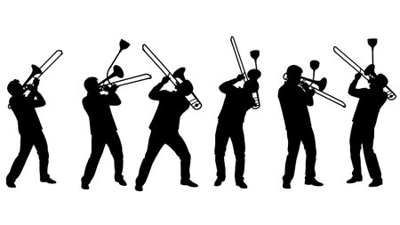 Black Solid Hand Drumming Jazz Silhouettes Set of Six on White Background isolated on plain white background.のイラスト素材