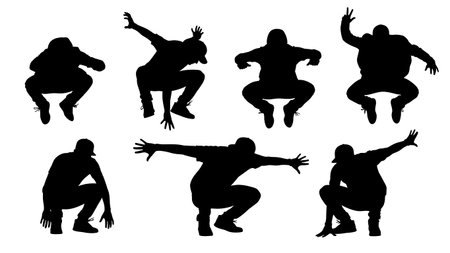 Black Solid Hip Hop Jump Silhouettes Set of Six on White Background isolated on plain white background.のイラスト素材