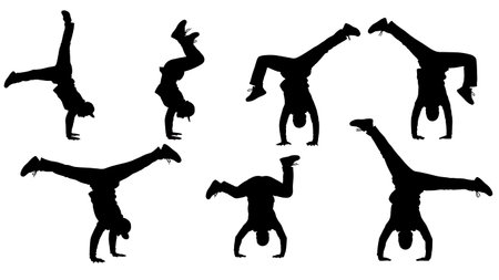 Black Solid Hip Hop Handstand Silhouettes Set of Six on White Background isolated on plain white background.のイラスト素材
