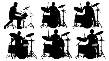 Black Solid Jazz Drummer Silhouettes Set of Six on White Background isolated on plain white background.のイラスト素材
