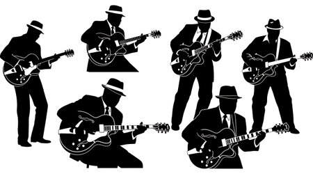 Black Solid Jazz Guitarist with Hats Silhouettes Set of Six on White Background isolated on plain white background.のイラスト素材