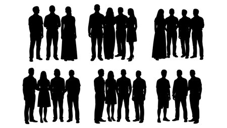 Black Solid Jazz Vocal Quartet Silhouettes Set of Six on White Background isolated on plain white background.のイラスト素材