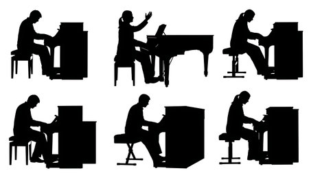 Black Solid Jazz Pianist Silhouettes Set of Six on White Background isolated on plain white background.のイラスト素材