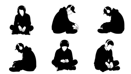 Black Solid Lofi Pianist Silhouettes Set of Six on White Background isolated on plain white background.のイラスト素材