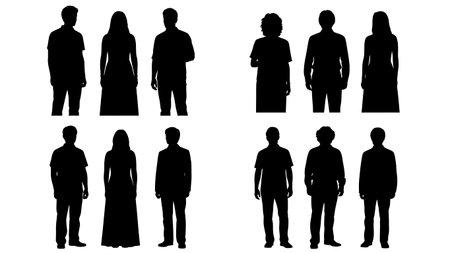 Black Solid Jazz Vocal Quartet Silhouettes Set of Six on White Background isolated on plain white background.のイラスト素材