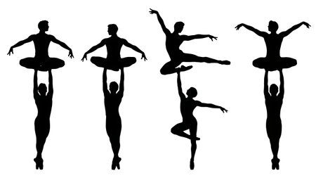 Black Solid Male Ballet Dancer Silhouettes Set of Six on White Background isolated on plain white background.のイラスト素材