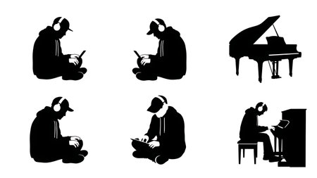 Black Solid Lofi Pianist Silhouettes Set of Six on White Background isolated on plain white background.のイラスト素材