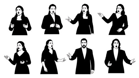 Black Solid Opera Singer Dramatic Poses Silhouettes Set of Six on White Background isolated on plain white background.のイラスト素材