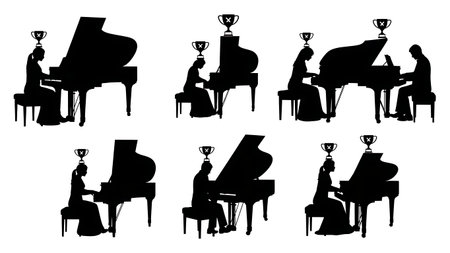 Black Solid Pianist With Trophy Silhouettes Set of Six on White Background isolated on plain white background.のイラスト素材