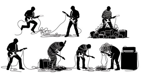 Black Solid Messy Guitar Cables Silhouettes Set of Six on White Background isolated on plain white background.のイラスト素材