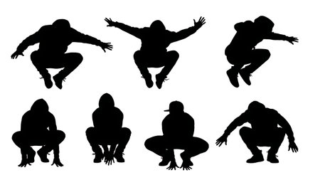 Black Solid Hip Hop Jump Silhouettes Set of Six on White Background isolated on plain white background.のイラスト素材