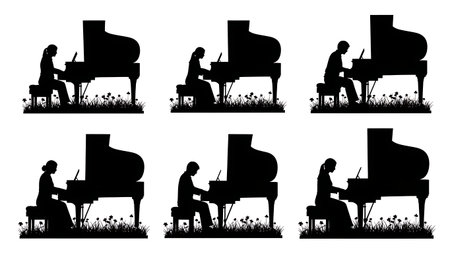 Black Solid Outdoor Nature Pianist Silhouettes Set of Six on White Background isolated on plain white background.のイラスト素材