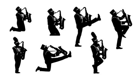 Black Solid Marching Band Saxophone Silhouettes Set of Six on White Background isolated on plain white background.のイラスト素材