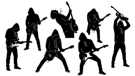 Black Solid Hoodie Guitarist Silhouettes Set of Six on White Background isolated on plain white background.のイラスト素材