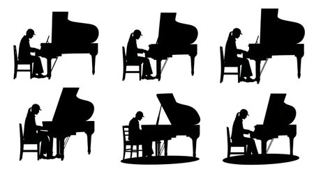 Black Solid Pianist Laptop Midi Silhouettes Set of Six on White Background isolated on plain white background.のイラスト素材