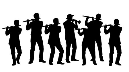 Black Solid Jazz Flute Player Silhouettes Set of Six on White Background isolated on plain white background.のイラスト素材