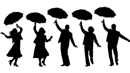 Black Solid Umbrella Dance Silhouettes Set of Six on White Background isolated on plain white background.のイラスト素材