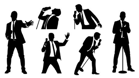 Black Solid Male Singer Suit Formal Silhouettes Set of Six on White Background isolated on plain white background.のイラスト素材