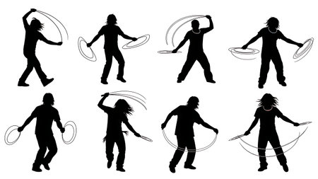 Black Solid Poi Dance Silhouettes Set of Six on White Background isolated on plain white background.のイラスト素材