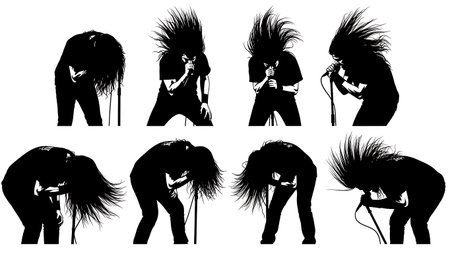 Black Solid Metal Singer Headbang Silhouettes Set of Six on White Background isolated on plain white background.のイラスト素材