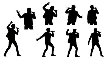 Black Solid Male Pop Singer Poses Silhouettes Set of Six on White Background isolated on plain white background.のイラスト素材