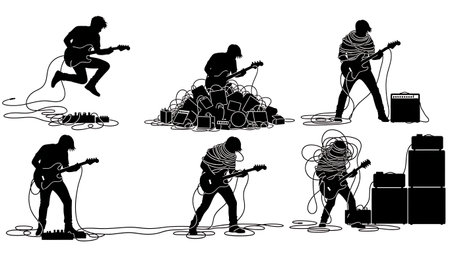 Black Solid Messy Guitar Cables Silhouettes Set of Six on White Background isolated on plain white background.のイラスト素材
