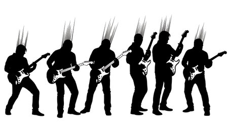 Black Solid Rhythm Guitar Strum Silhouettes Set of Six on White Background isolated on plain white background.のイラスト素材