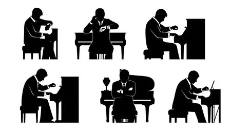 Black Solid Pianist Checking Time Silhouettes Set of Six on White Background isolated on plain white background.のイラスト素材
