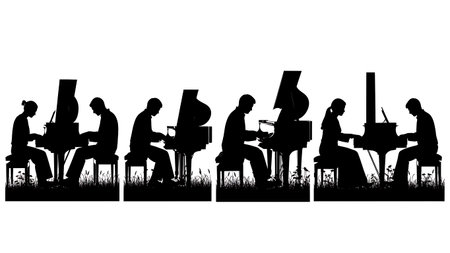 Black Solid Outdoor Nature Pianist Silhouettes Set of Six on White Background isolated on plain white background.のイラスト素材